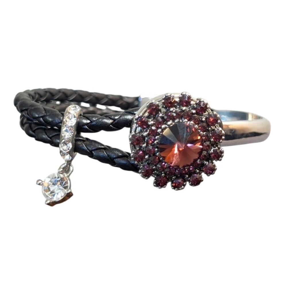 Ginger Snaps Leather Silver Tone Button Clasp Rhinestone Dangle Bangle Bracelet